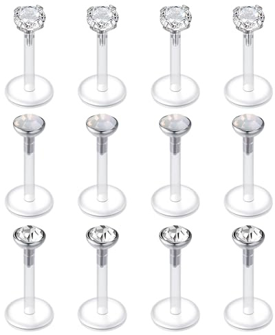 LAURITAMI 12 Stück 16G Lippenpiercing Bioflex Flexibe Labret Stud, Ohr Tragus Piercing Labret Piercing Chirurgenstahl & Acryl 6/8mm