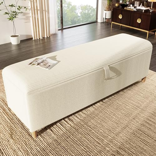 Merax Sitzbank mit Stauraum 145cm, Bettbank Polsterbank Fußbank, Mit Gasdruckfeder hochklappen, Aufbewahrungsbox mit stabilen Holzbeinen, Sofabank fur Flur, Schlafzimmer, Wohnzimmer, Cord-Optik, Beige