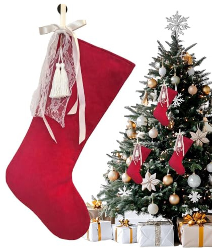 Klassiska Julstrumpor Dekoration Av Röda Julsockor Med Vit Rosett | Vintage Julstrumpor Lämpliga För Fönster, Studentrum, , , Vägg, Träd, Spiselkrans, Festligheter Och Högtider