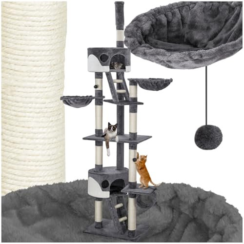 tectake Katzen Kratzbaum, Katzenbaum XXL, Kratzbaum deckenhoch, höhenverstellbar von 243-260cm, Kletterbaum mit Treppe, Höhle, Röhre, Liegemulde und Sisalsäule - grau/weiß