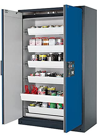 Gefahrstoffschrank, BxTxH 1193x615x1953 mm, 6 Auszugswannen, inkl. TSA, Korpus/Tür RAL 7016/5010