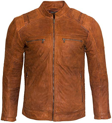 Men’s Casual Tan Buff Leather Cafe Racer Biker Jacket M