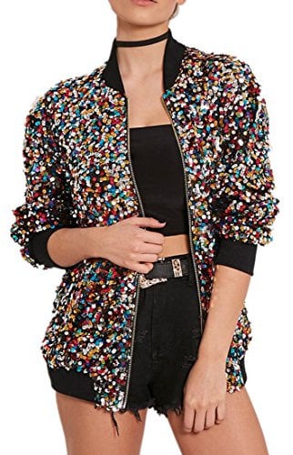 Cresay Women's Sequin Fitted Long Sleeve Zipper Blazer Bomber Jacket, Colour Sequins, 3XL