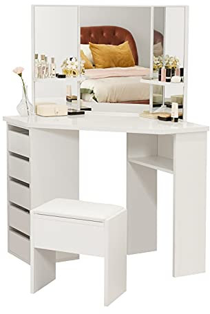TUKAILAi White Corner Curved Dressing Table with 5 Drawer 3 Mirror and Stool, Vanity Table with Thick Table top for Bedroom Dressing Room Girls Women