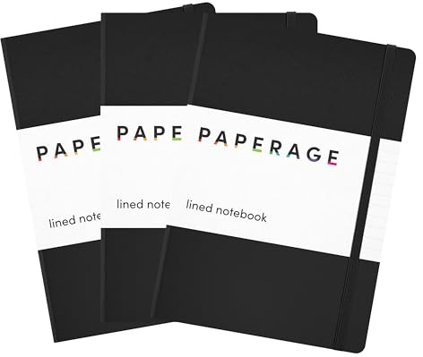 PAPERAGE Set di 3 Taccuino a righe diaro, Copertina Rigida, Medio 5.7 X 8, Carta spessa da 100 gsm. Utilizzare per ufficio, casa, scuola o lavoro (Nero, Righe)