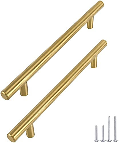 goldenwarm 6Pack Gold Wardrobe Handles 160mm Hole Center T Bar Gold Kitchen Handles