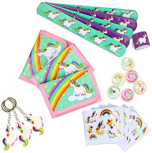 com-four® 24-teiliges Einhorn Party-Geschenk Set - Geldbörse, Schlüsselanhänger, Flummis und Schnapp-Armbänder - Mitgebsel für Geburtstagsfeier [Farbe variiert]