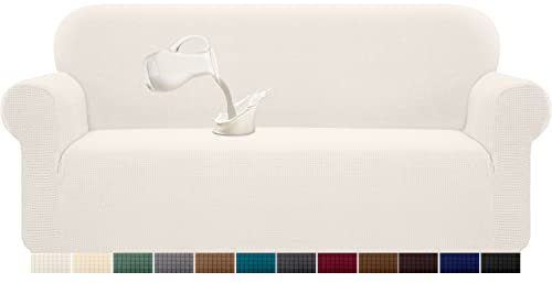 Granbest Stretch Wasserdicht Sofabezug 1 Stück Sofahusse Spandex Jacquard Elastische Couchbezug mit Anti-Rutsch-Schaumstoffe (3 Sitzer, Creme)