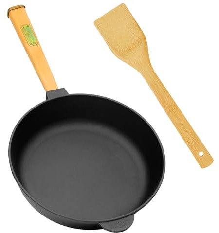 Bratpfanne aus Gusseisen (tief) Ø 28cm BRIZOLL Gusseisenpfanne Eisenpfanne Gusspfanne rund Holzgriff und Pfannenwender von 4big.fun INDUKTION für alle Herdarten Backofen Grill