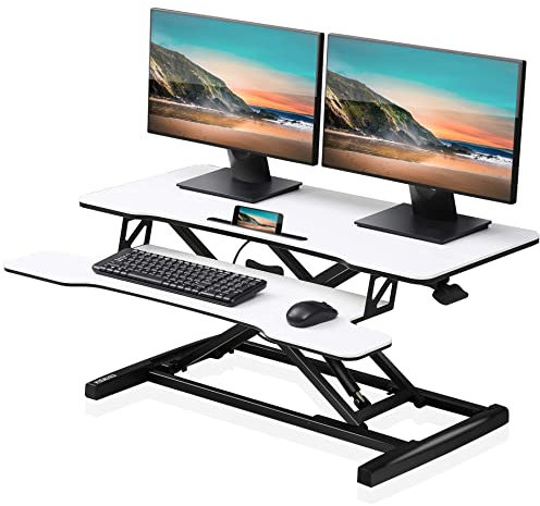 FITUEYES Höhenverstellbar Schreibtischaufsatz Büro Sitz Steh Computertisch 92 x 40 cm Stehpult mit Tastaturablage Geeignet für Zwei Monitore Weiß