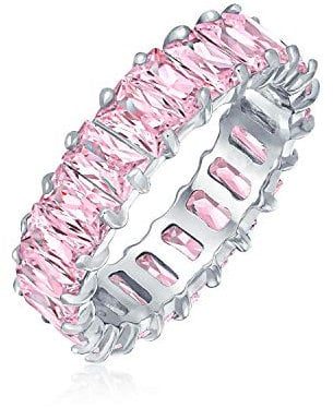 Art Deco Stil AAA CZ Simuliert Rosa Turmalin Smaragd Schliff Zirkonia Ewigkeit Baguette Jubiläum Ehering Ring für Frauen .925 Sterling Silber 4MM