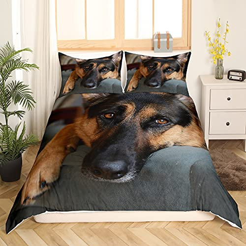 Deutscher Schäferhund Bettbezug Set 3D Hund Bettwäsche Set 155x220cm Haustier Hund Muster Betten Set für Kinderzimmer Tier Thema Schwarz Braun Bettwäsche Dekor mit 1 Kissenbezug