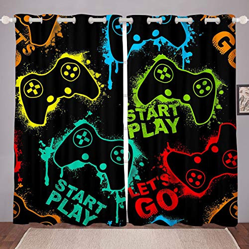 Loussiesd Boys Gamer Curtains Colorful Watercolor Gamepad Print Curtains for Bedroom Living Room Kids Teens Gaming Console Video Game Windows Drapes Game Controller Room Decoration,W46*L72