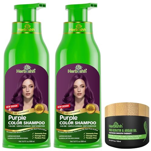 Herbishh Ultimate Hair Color Shampoo Kit (2 Stück Hair Color Shampoo + Argan Hair Mask) für graues Haar Permanentes Haarfärbeshampoo für Männer und Frauen Langanhaltendes Shampoo (Purple)