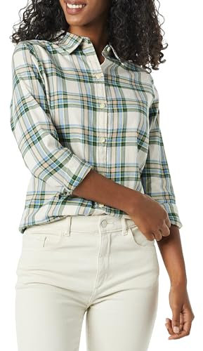Amazon Essentials Women's Regular-Fit Long-Sleeve Lightweight Plaid Flannel Shirt, Ivory Green Alpine Plaid, S