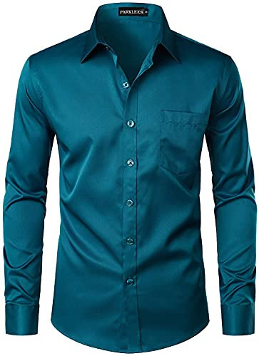 PARKLEES Men's Urban Stylish Casual Business Slim Fit Long Sleeve Button Up Dress Shirt with Pocket Teal XL