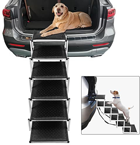 KELIXU Hundetreppe für große Hunde, Haustiertreppe mit Stützstange für Autos und SUV, leichtes Aluminium, 6 Stufen, Haustierrampe mit rutschfester Oberfläche, unterstützt 80 kg