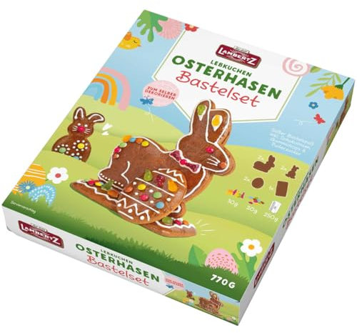 Lambertz Lebkuchen Osterhasen Bastelset (1x 770g) | Zum Selber Dekorieren| inkl. Schokolinsen, Gummidrops & Puderzucker