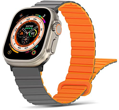 Tasikar Kompatibel mit Apple Watch Armband 49mm 46mm 45mm 44mm 42mm, Silikon Magnetverschluss Loop Ersatzarmband für iWatch Ultra SE Series 10 9 8 7 6 5 4 3 2 1 (Grau Orange)