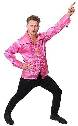 Chemise disco rose pour adulte – Taille M – Chemise rose à volants avec grand col – Parfaite pour les déguisements des années 70, les soirées disco et autres événements déguisés