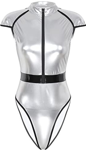 iEFiEL Damen Metallic Body Lackleder Bodysuit Catsuit Wetlook Jumpsuit Langarm/Kurzarm Turnanzug Ballettbody Trikotanzug Tanzkostüm Silber A XXL