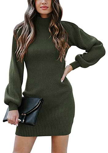 Yageshark Strickkleider Damen Pulloverkleid Minikleid Winterkleid Casual Hohe Elastizität Langarm Kleider Strick(Grün, Small)