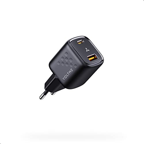 VOLTME Cargador USB C 30W, Móvil Carga Rápida Cargador PD 30W con 2 Puertos(1C+1A), Enchufe USB-C GAN III Compatible con iPhone 16 Pro MAX 16e 15 Samsung S24 Huawei Google Pixel dji, Negro