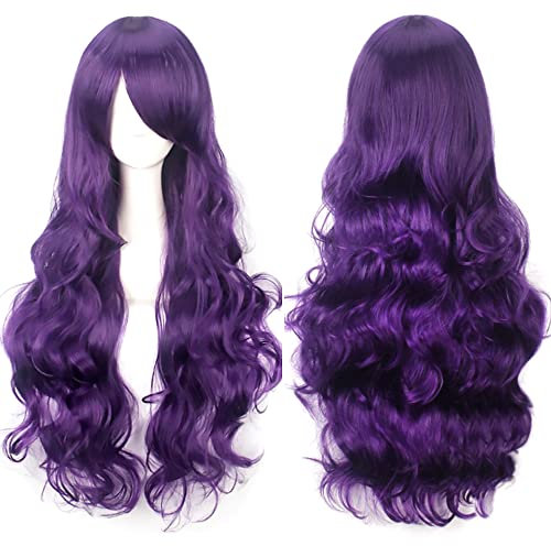Colorfulpanda 80 cm Perücken, violett, lang, lockig, gewellt, Cosplay-Perücken für Frauen und Mädchen, natürliche Kunsthaar-Perücke, hitzebeständig, für Party, Halloween, Kostüm
