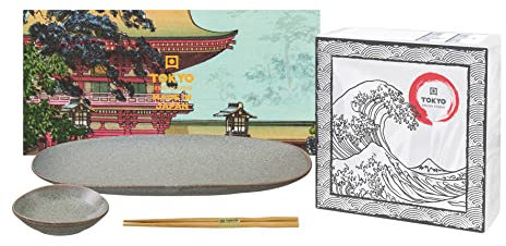 TOKYO design studio Vert Sauge Sushi-Set blau -weiß, 3-TLG., Sushi-Platte, Saucenschale, Stäbchen, asiatisches Porzellan, inkl. Geschenkverpackung und exklusiven Servietten