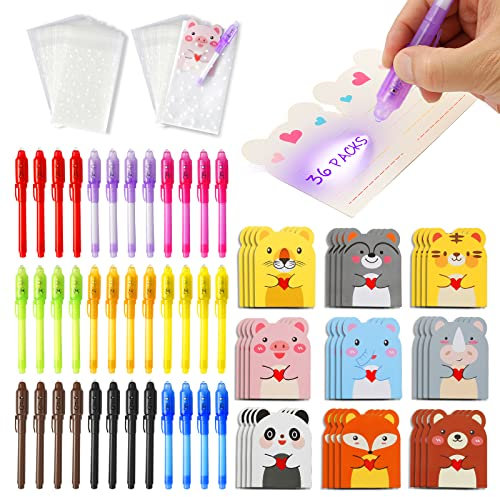 DazSpirit 36 PCS Penna Inchiostro Invisibile con Simpatiche Carte Animali e Sacchetti Regalo, Penna Invisibile con Luce Gadget Compleanno Bambini, Penne Invisibili per Scrivere Messaggi Segreti