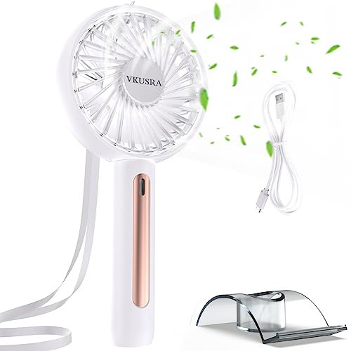 VKUSRA Portable Fan Handheld, Powerful Hand Fan Rechargeable with 4 Speeds & Built-in 2000mAh Battery, USB Desk Fan with Cellphone Stand & Adjustable Angle for Office Home Outdoor Traveling