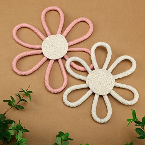 Gerrii Boho Gänseblümchen gewebte Makramee Wandbehang Dekor für Mädchen Kinderzimmer (Rosa, Weiß, 2 Stück)