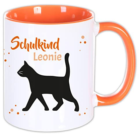 Unikatolo Tasse Schulkind mit Name personalisiert Geschenk Schulanfang Namenstasse Schulstart Kinder Schultüte Mädchen Einschulung Zuckertüte Erste Klasse Kleinigkeit Mitbringsel (Katze orange)