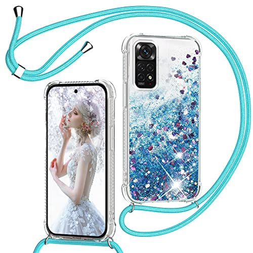 Handyband für Xiaomi Redmi Note 11 Pro 5G/4G/Note 11E Pro/Note 12 Pro 4G Hülle mit Band, Glitzer Treibsand Handyhülle mit Kordel zum Umhängen Transparent Stoßfest Schutzhülle mit Kette in Blau