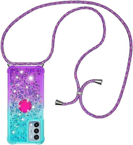 Handykette für Oppo A54 5G/A74 5G Hülle mit Band,Silikon Durchsichtig Transparent Flüssig Glitzer mit Kette Kordel Bumper Treibsand Necklace TPU Schutzhülle Oppo A54 5G/A74 5G Case,Blau-Lila