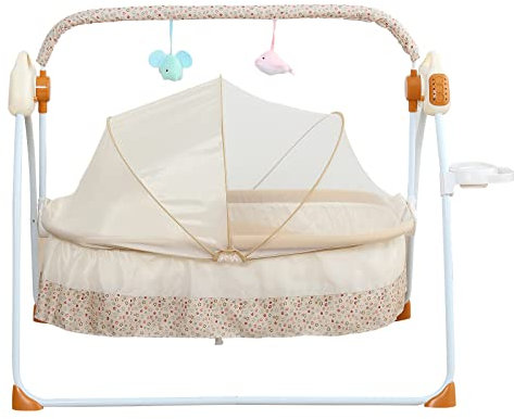 SABUIDDS Babywippe Elektrisch mit Flaschenständer Klappbar Babyschaukel mit 5 schaukel geschwindigkeiten Baby Wippe Schaukel mit Fernbedienung und Bluetooth für Babys Zwischen 0-18 Monaten, Khaki