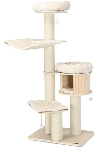 COSTWAY Grand Arbre à Chat en Bois Massif, Arbre à Chat à Plusieurs Niveaux avec Condo en Bois et Hamac, Tour à Chat avec Poteaux en Sisal, Charge 15KG pour Chaque Couche, Beige (174CM)