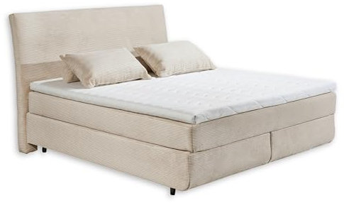 Stella Trading Marbella 6 Boxspringbett 180x200 in Cord-Optik, Cream - Bequemes Doppelbett mit 7-Zonen Federkern Wendematratze & Kaltschaum Topper - 185 x 126 x 216 cm (B/H/T)