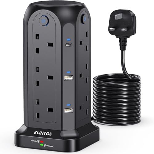 Tower Extension Lead 5M, 12 Way Surge Protection With 4 Individual Switches, 6 USB Slots (2 Type C & 4 USB A), Black Tower for Home, Office