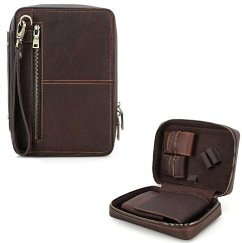 Hiram Estuche de piel auténtica para 2 pipas, portátil, para fumar, accesorios para fumar, bolsa de almacenamiento con cremallera, diseño de correa de muñeca desmontable
