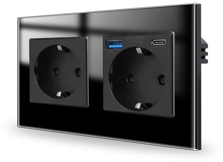 JIMEIDA Toma doble con USB 20W negra de empotrar, Tomas de cristal 16Amp con USB A y Tipo C 157 * 86mm, 250V