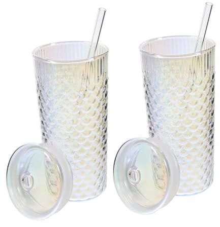 COLLBATH 2piezas Vasos De Vidrio Con Pajita y Tapa Diseño Texturizado Para Té De Leche Jugo y Agua