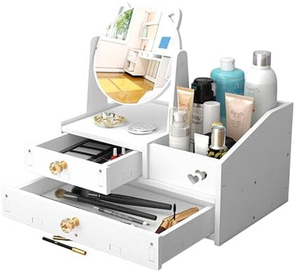 ASIAD Schminktisch mit Spiegel, Schminktisch mit Schubladen, weiß aus Holz Zusammensetzbar, Schreibtisch, Kosmetikablage für Kommode/Schlafzimmer/Bad (runder Spiegel),Weiß