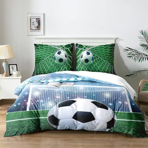 Yzehomijia Set copripiumini e federe per bambini Calcio (140x200cm + 2 federe 65x65cm) - Lenzuola in microfibra, lavabile in lavatrice, chiusura lampo, design stampa 3D.(F1×140)