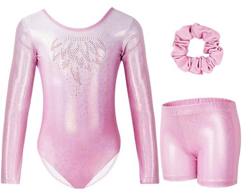 Gogokids Body da ginnastica per ragazze, a maniche lunghe, con strass scintillanti, per danza con pantaloncini, per 3-12 anni, A-rosa, 9-10 anni