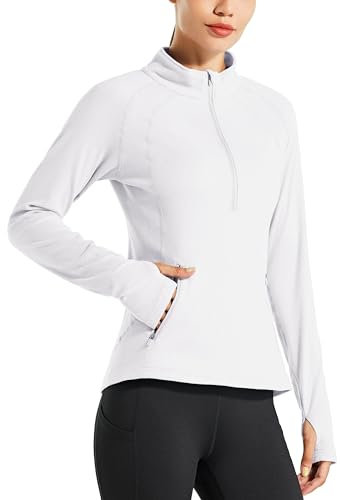 WILLIT Damen Fleece Pullover Laufjacke Thermal Sweatjacke Reithemd Warm Golfshirt Langarm Fleecepullover Half Zip Fleeceshirt Übung Winter Gear Weiß M