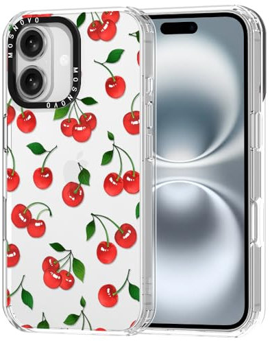 MOSNOVO Case for iPhone 16, [Buffertech 6.6ft Military-Grade Drop Protection] [Anti Peel Off Tech] Clear TPU Bumper Phone Case Cover Design - Cute Cherry