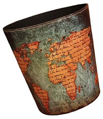 CAXUSD Vintage Pu Leather Waste Basket Retro Round Trash Can for Home Office British Style Garbage Recycling Container Creative Map Design No Lid Stylish Waste Storage Bucket