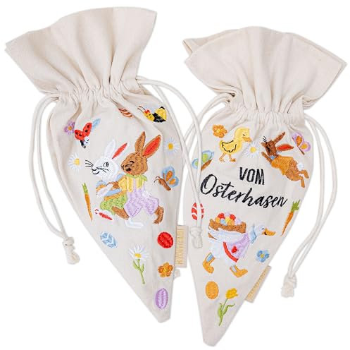 Papierdrachen 2 Geschenkbeutel Osterhasenwelt - Geschenkverpackung - mit Bestickung - Ostern - robust - Osternest - Tasche zum Dekorieren und Befüllen