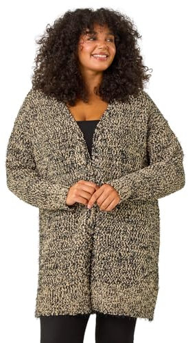 Roman Curve Fluffy Textured Cardigan for Women UK - Ladies Everyday Autumn Winter Comfy Soft Evening Vacation Work Party Night Out Longline - Natural Plus - Size 20